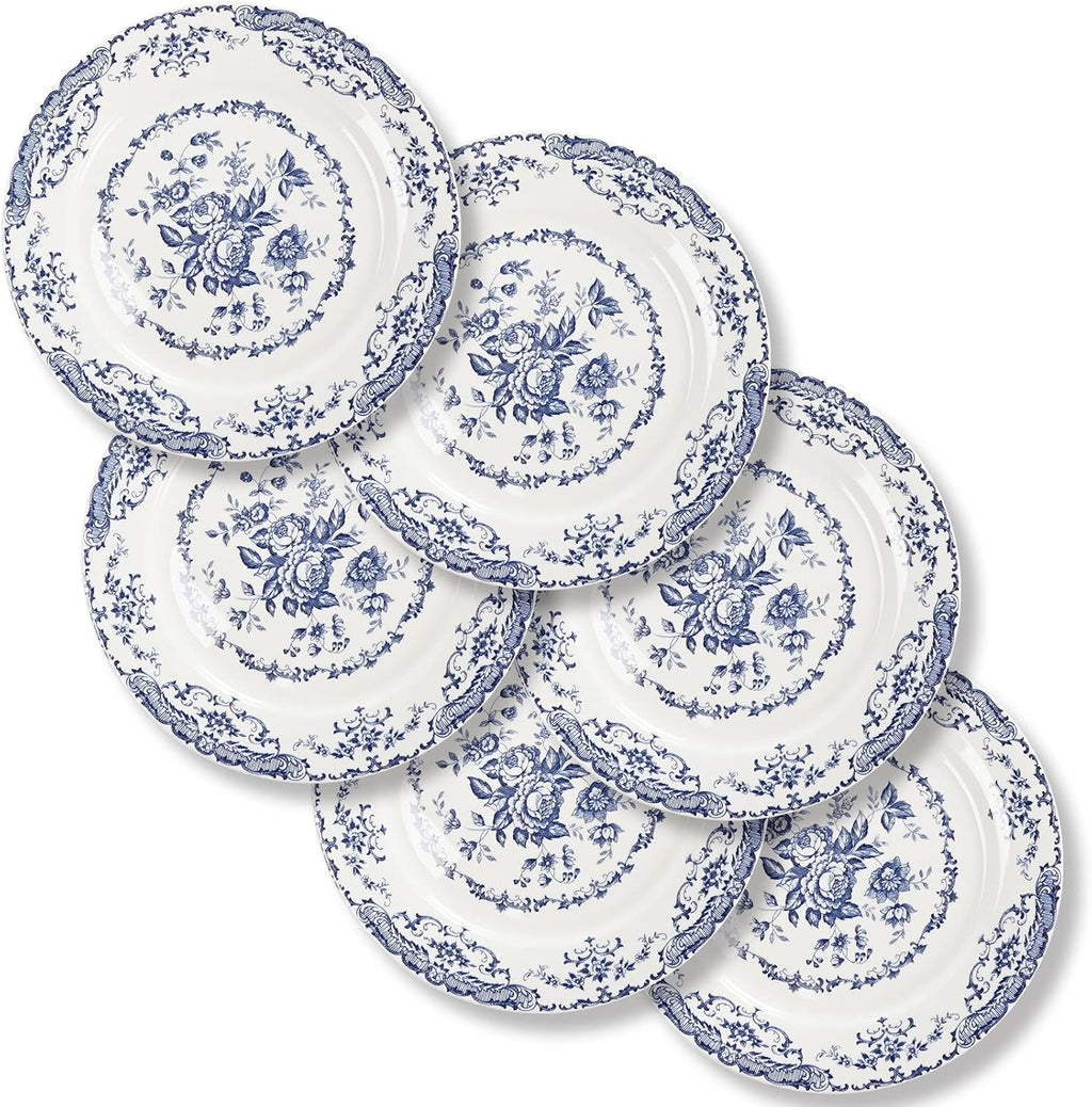 Set de 6 Platos de Cena 10.5" | Cerámica Porcelana Blanca, Diseño Floral Rosa Azul, Apto Microondas