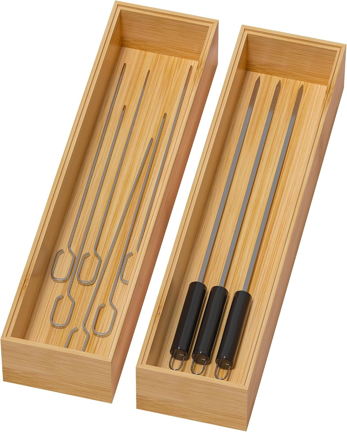 ADVERTENCIA: NO trae las varillas de adentro. Organizador de cajones de bambú Lixple, bandeja estrecha apilable para cubiertos de cocina, caja para 2 cubiertos y utensilios, 30,5 cm x 7,6 cm x 5 cm (exterior), 28,7 cm x 5,8 cm x 4,5 cm (interior)
