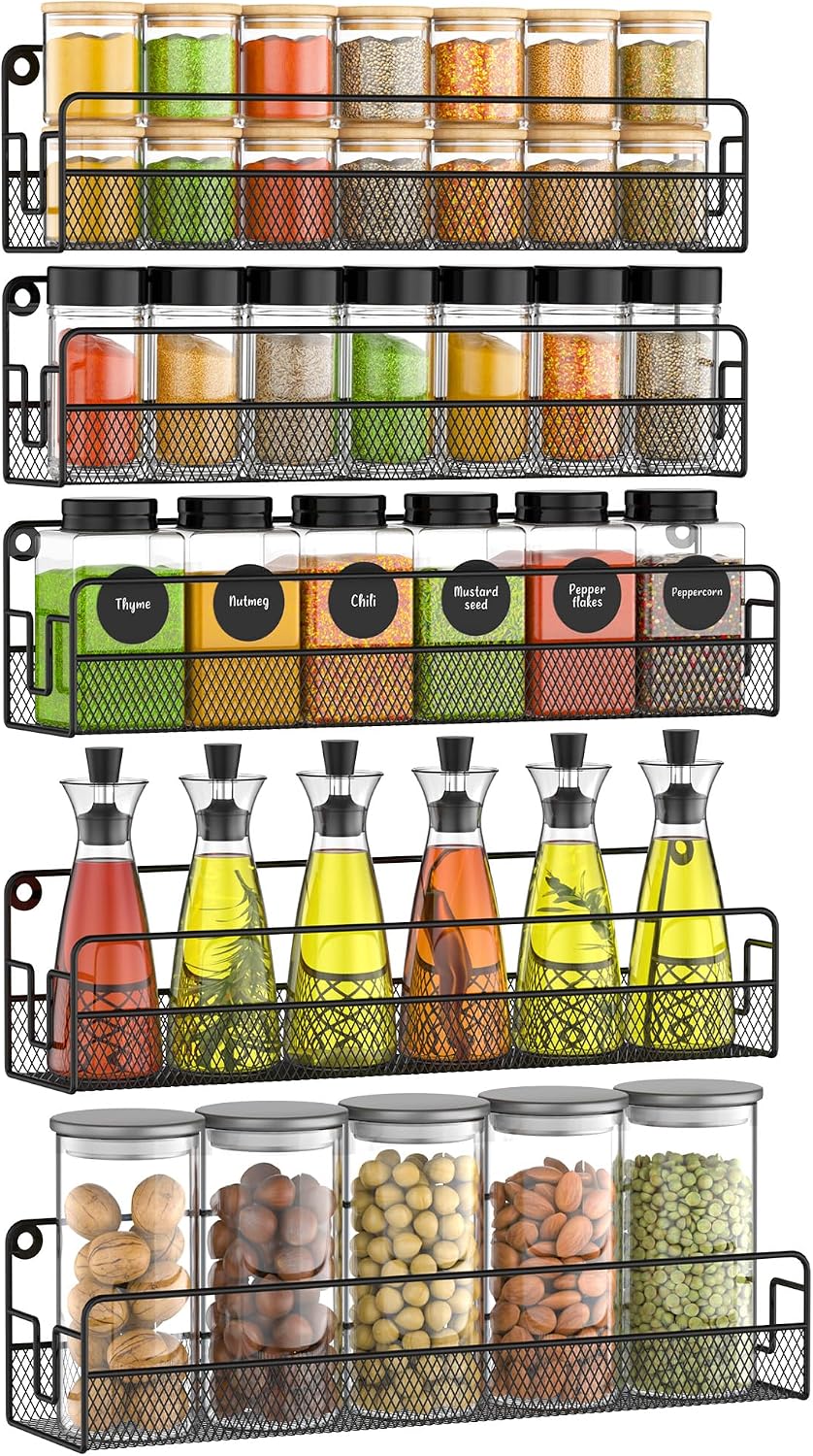 Organizador de Especias de Pared Metálico – 5 Piezas, 3 Profundidades, para Cocina y Puerta de Despensa