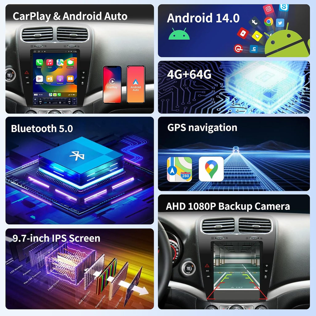 Radio de coche para Dodge Journey 2011-2019 Reemplazo de radio estéreo actualización 8Core 4+64G 9.7 pulgadas pantalla táctil con Carplay inalámbrico y Android Auto WiFi SWC DSP Cámara AHD gratuita Bluetooth