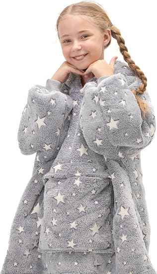 Kids Wearable Blanket Hoodie, Oversized Sherpa Fleece Sweatshirt, Large Front Pocket