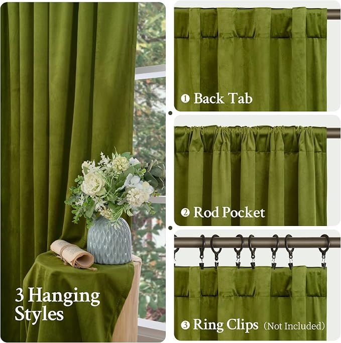 LAMIT Cortinas Blackout de Terciopelo Verde Musgo | Estilo Vintage | Aislamiento Térmico | Oscurecimiento Total | Para Sala y Dormitorio | Pack de 2 Paneles