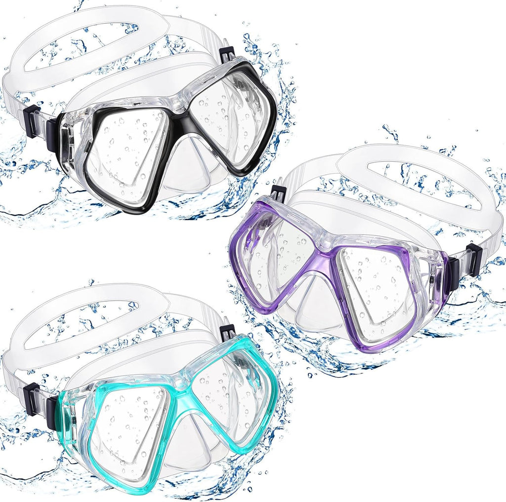 Fabbay Juego de 3 gafas de natación y buceo con protector nasal para adultos, gafas de snorkel, paquete de gafas de natación para jóvenes, hombres y mujeres (negro, morado, azul cielo)
