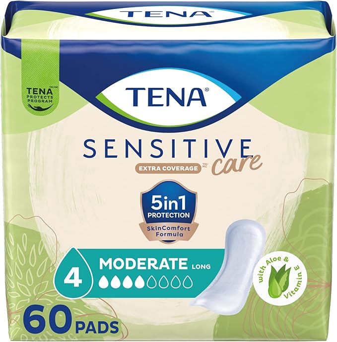 TENA Sensitive Care Almohadillas de control de vejiga para incontinencia con cobertura extra, protección moderada, larga, 60 unidades