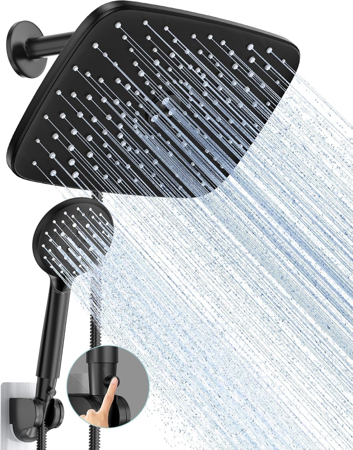 Cabezal de Ducha Doble Veken 30 cm | Alta Presión 5 Modos Rociado | Lluvia + Ducha de Mano | con Manguera | Color Negro Mate | 1 Set
