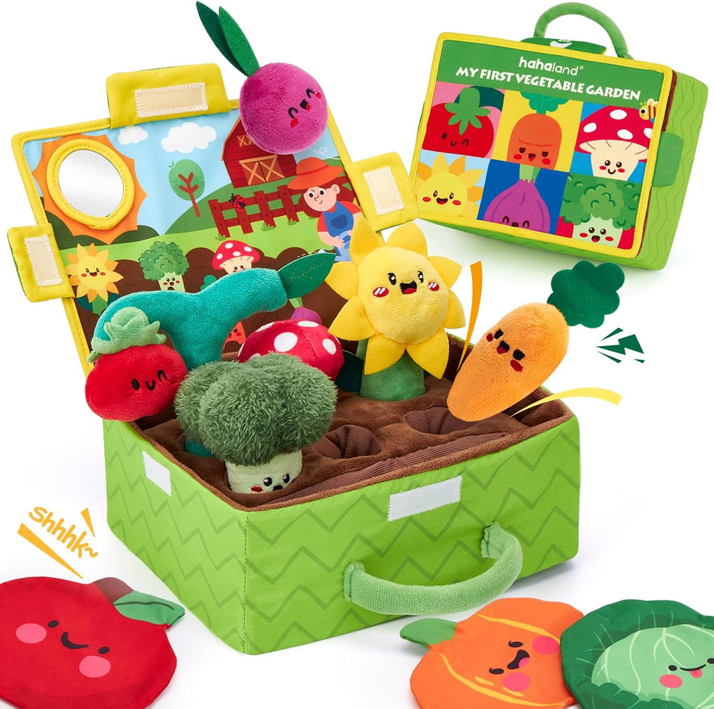 Set de Peluches Sensoriales Montessori hahaland para Bebé 6-12 Meses – Frutas y Verduras con Sonajero y Espejo