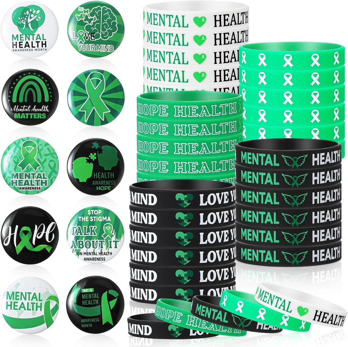 Wettarn 100 piezas Regalos de concientización sobre la salud mental Incluye 50 pulseras verdes motivacionales con 50 pines Regalos del mes de la salud mental Botón de amor para tu mente para mujeres, hombres y adultos
