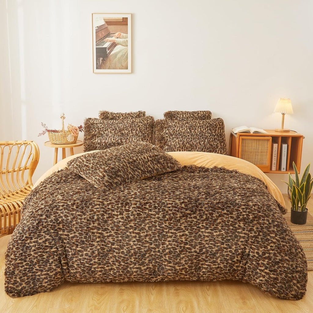 Juego de funda nórdica de piel sintética con estampado de guepardo, tamaño Queen - Juego de ropa de cama de leopardo ultrasuave de felpa de 3 piezas (1 funda nórdica mullida + 2 fundas de almohada de piel sintética) Juego de cama (guepardo, Queen)