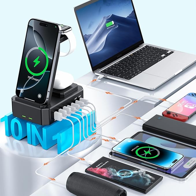 Estación de Carga 300W GaN III 10 en 1 | Cargador Inalámbrico para iPhone, MacBook, iWatch y AirPods | USB-C 65W PD