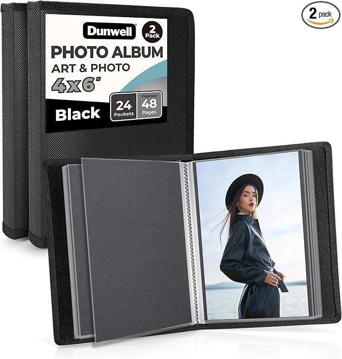 Álbum de fotos Dunwell 4x6 (2 paquetes, negro), papel de montaje, pequeño portafolio de arte de 4 x 6, carpeta de presentación con 24 fundas transparentes que muestran 48 páginas, libro de imágenes