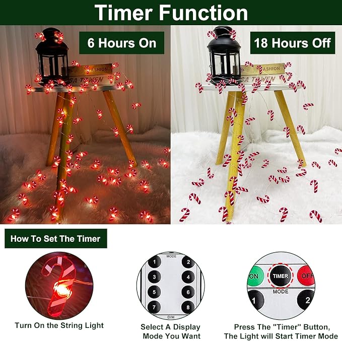 AMENON Guirnalda de 80 luces LED de bastón de caramelo de 26.2 pies, decoración de Navidad, funciona con pilas, luces de hadas con control remoto con temporizador, 8 modos, decoración de Navidad