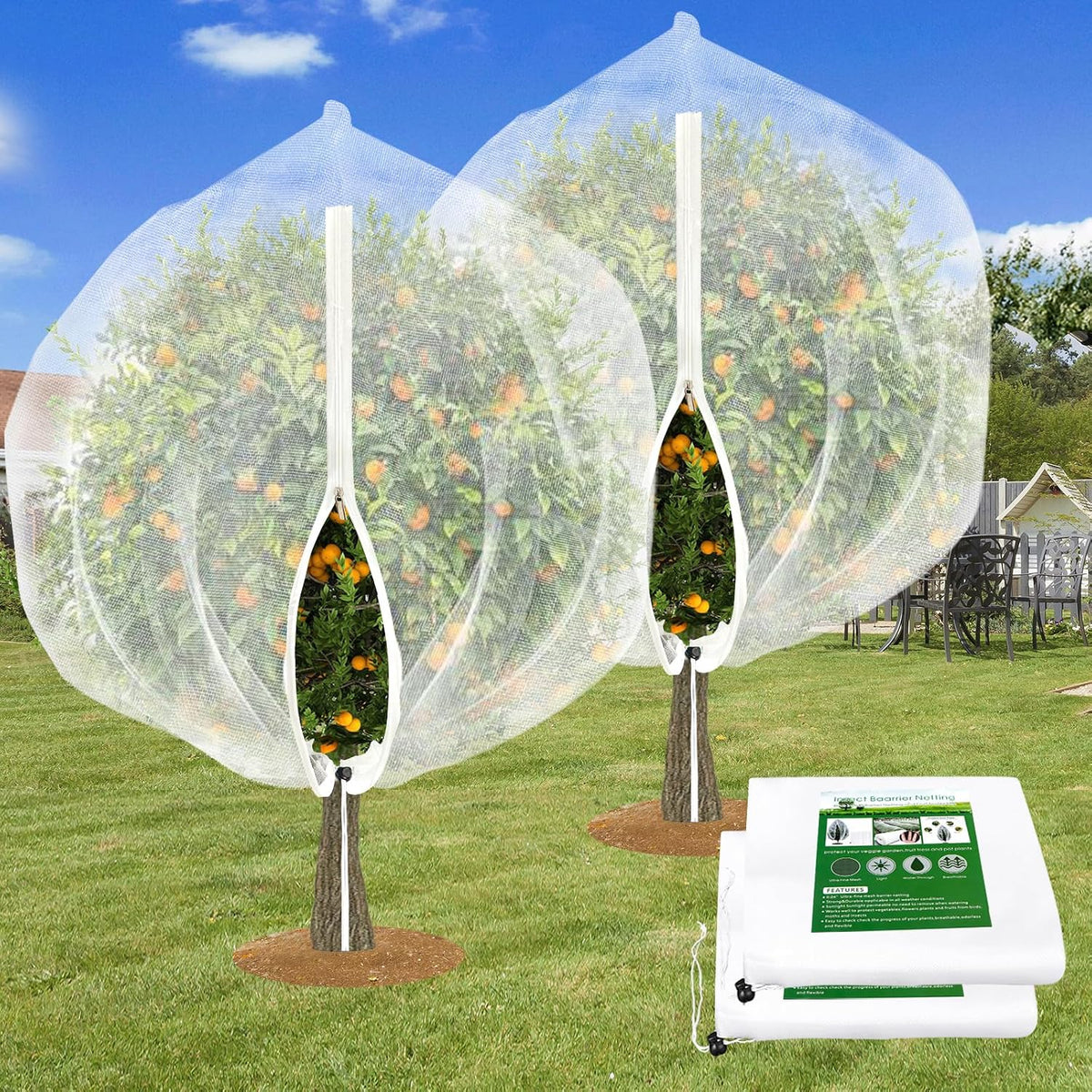 2 mallas grandes para árboles frutales con cordón y cremallera, malla de jardín de 8 x 8 pies para protección de jardín, malla antiinsectos para árboles frutales, protección contra pájaros, insectos, cigarras e insectos.