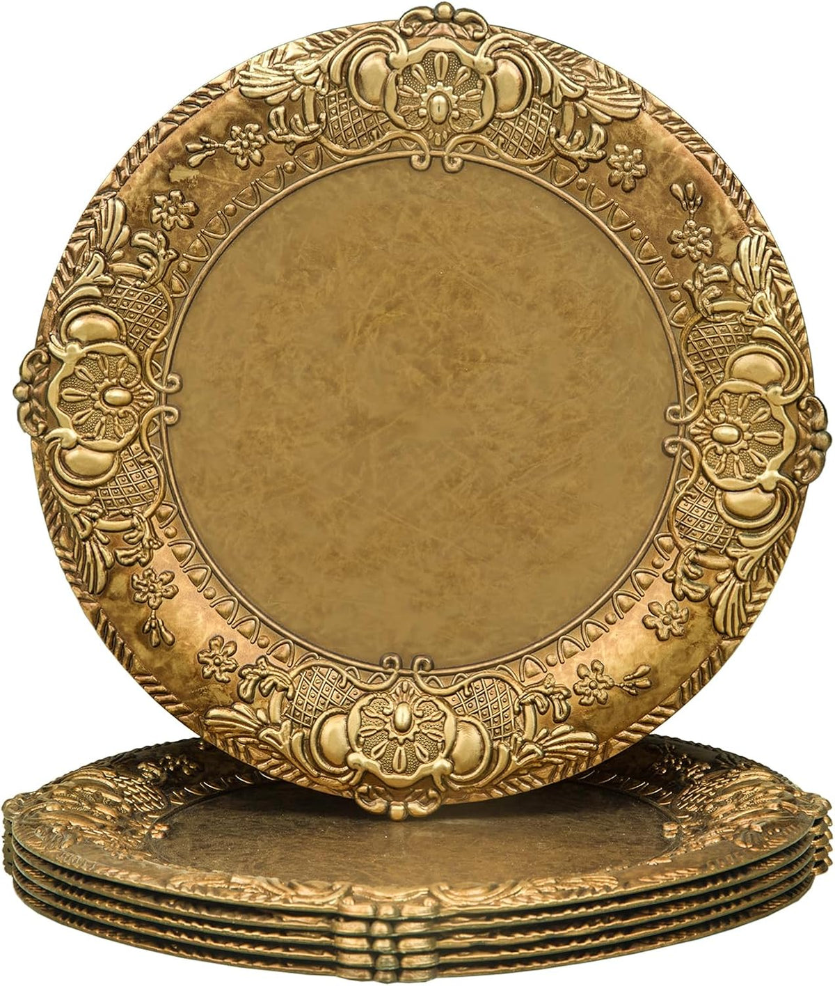 MAONAME Platos base de 33 cm (13") color oro antiguo, platos base con borde repujado, platos base redondos de plástico para bodas y decoración de mesa, juego de 6
