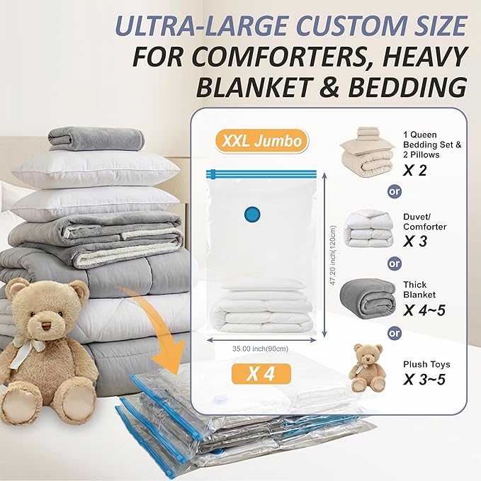 Cozy Essential Pack 4 Bolsas de Almacenamiento al Vacío XXL Jumbo 47.2x35" – Para Edredones, Ropa de Cama y Peluches