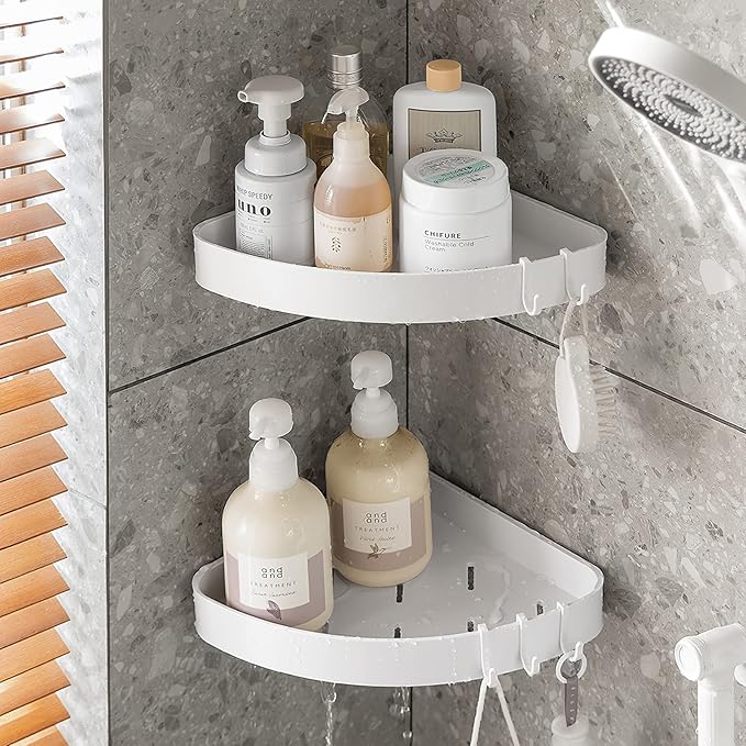 Repisa Esquinera para Ducha sin Taladro Toski – Pack x2 con Ganchos, Color Blanco