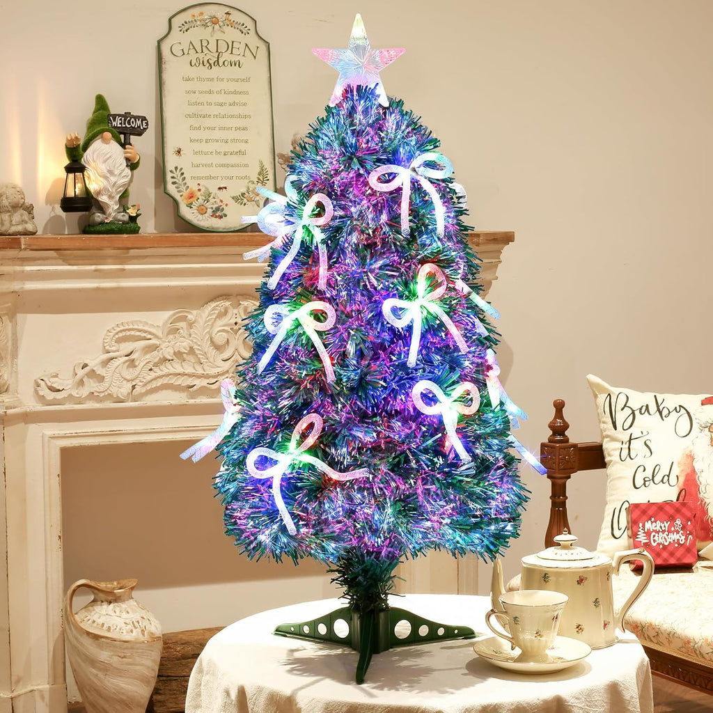 Joyhalo 3 FT Fiber Optic Mini Christmas Tree, Pre Lit Christmas Tree, Table Top Small Christmas Trees with Star Tree Topper，Bows, Metal Stand
