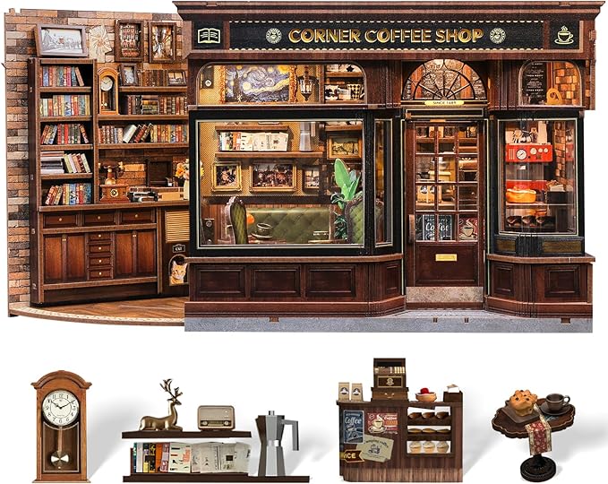 Kit Book Nook DIY CUTEBEE – Casa Miniatura Café en Esquina, Puzzle 3D de Madera para Adultos, Decoración de Librería y Regalo para Familia y Amigos