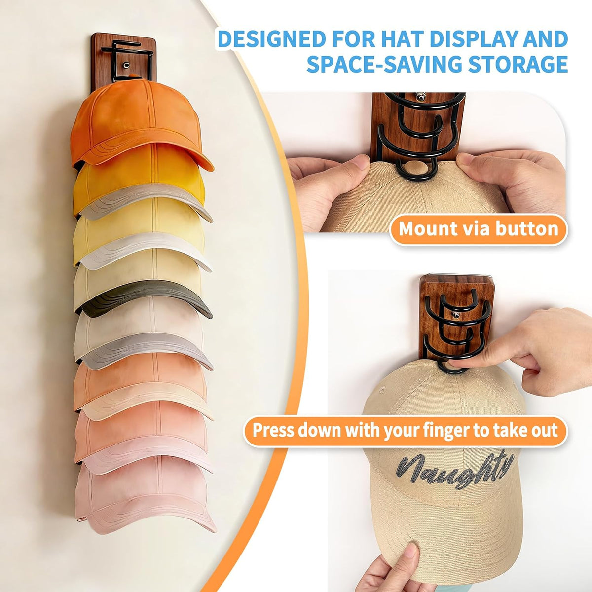 Organizador de sombreros (paquete de 2) para gorras de béisbol, perchero de madera y metal para pared.