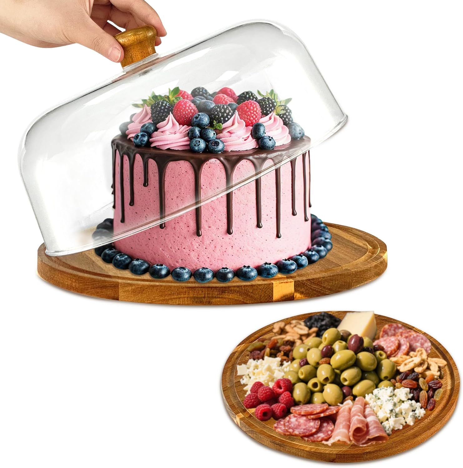 Mozphae Wood-Cake-Stand With Acrylic Dome Lid, Round Wooden Cake Holder Plate With Cover, 2-in-1 Dessert Table Display Set For Party, Charcuterie Board For Cheese, Chips & Dips, Nachos, Fruit Platter