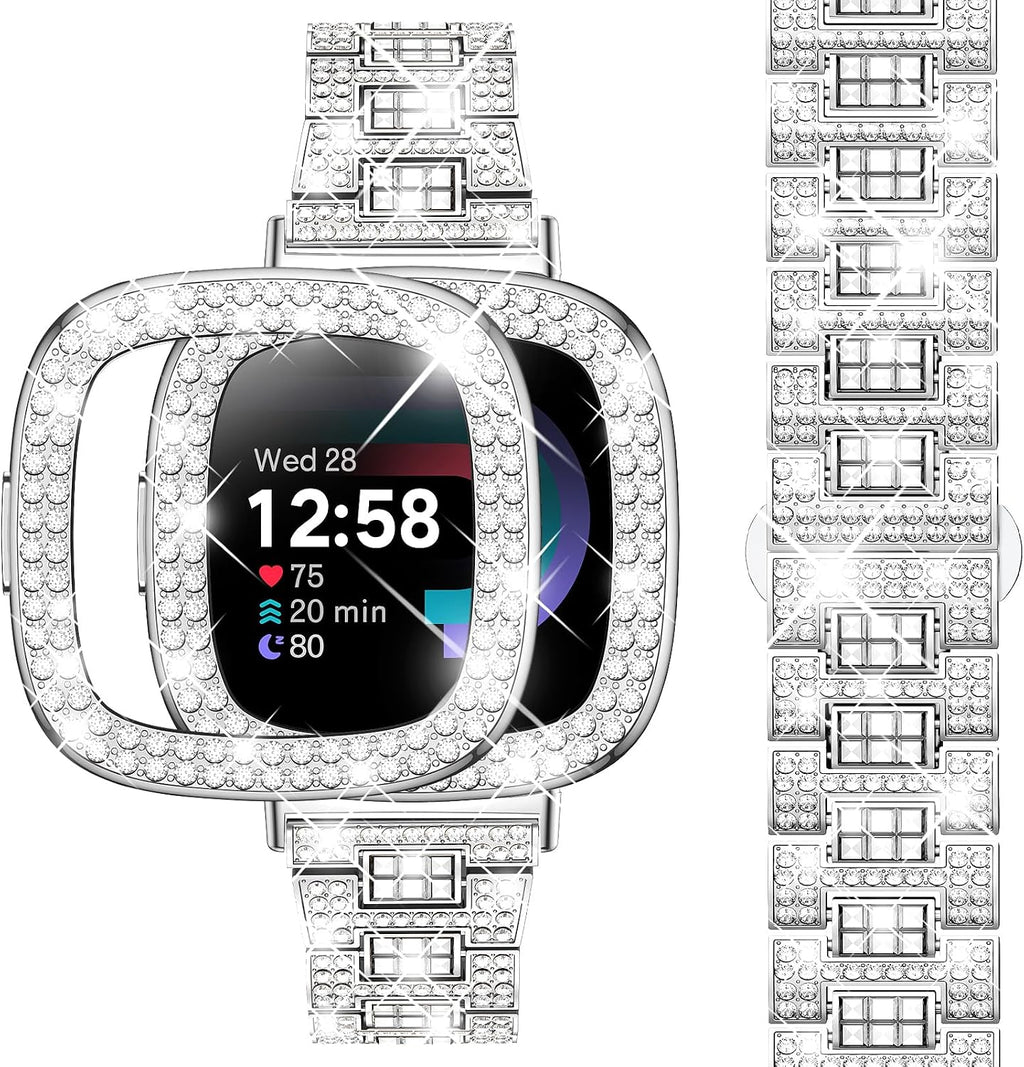 Correa Bling Dsytom para Fitbit Versa 4 / Sense 2 con Funda de Diamantes – Plateada