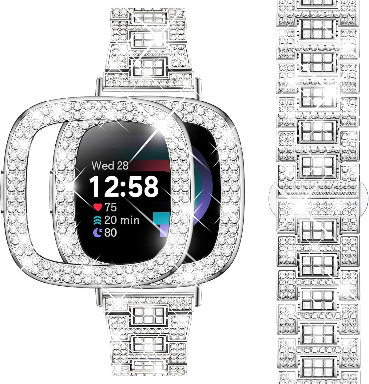 Correa Bling Dsytom para Fitbit Versa 4 / Sense 2 con Funda de Diamantes – Plateada