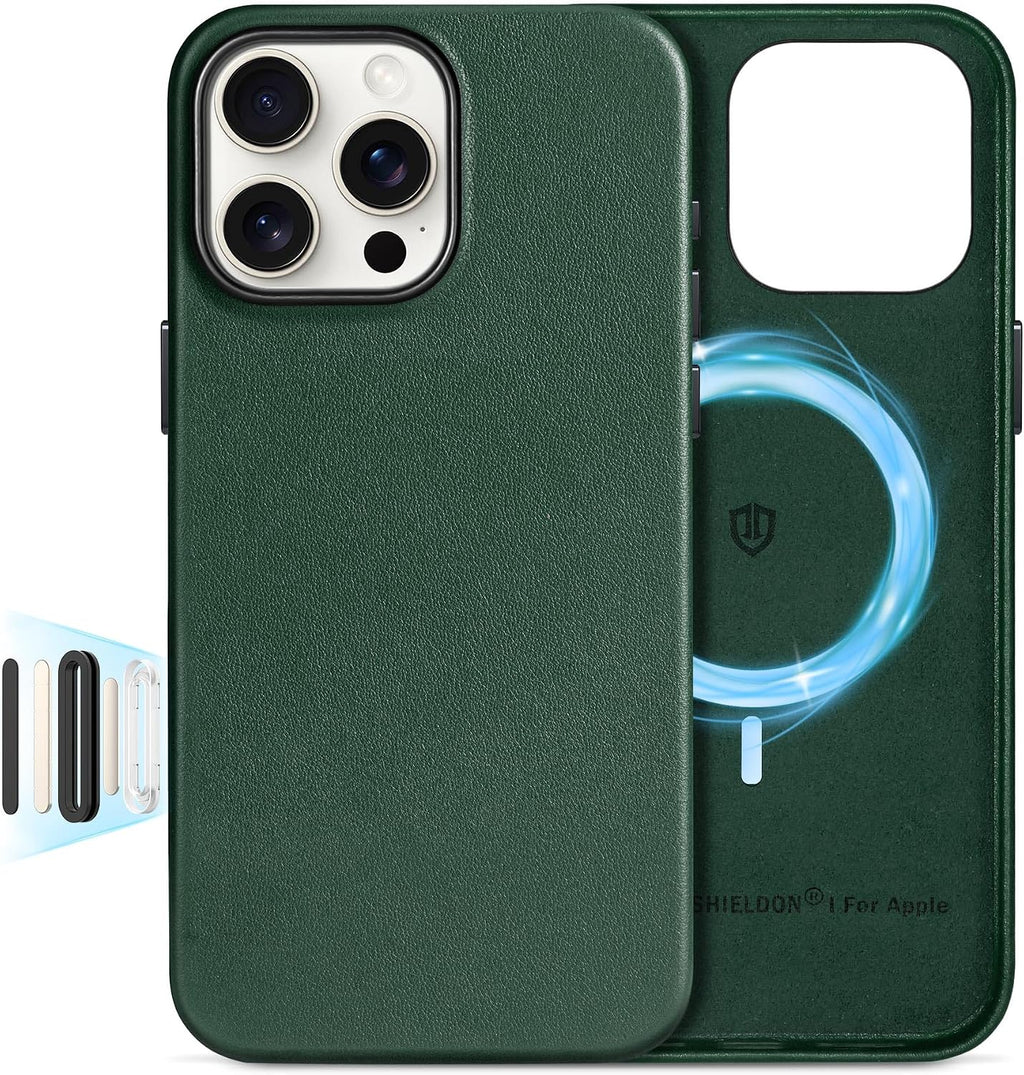 Funda de Cuero Genuino SHIELDON para iPhone 16 Pro Max 6.9" Compatible con MagSafe, [Botón de Cámara Actualizado], Carga Inalámbrica Magnética/Protección Antiarañazos/Agarre Antideslizante/Resistente a Golpes/Funda Delgada - Verde Medianoche