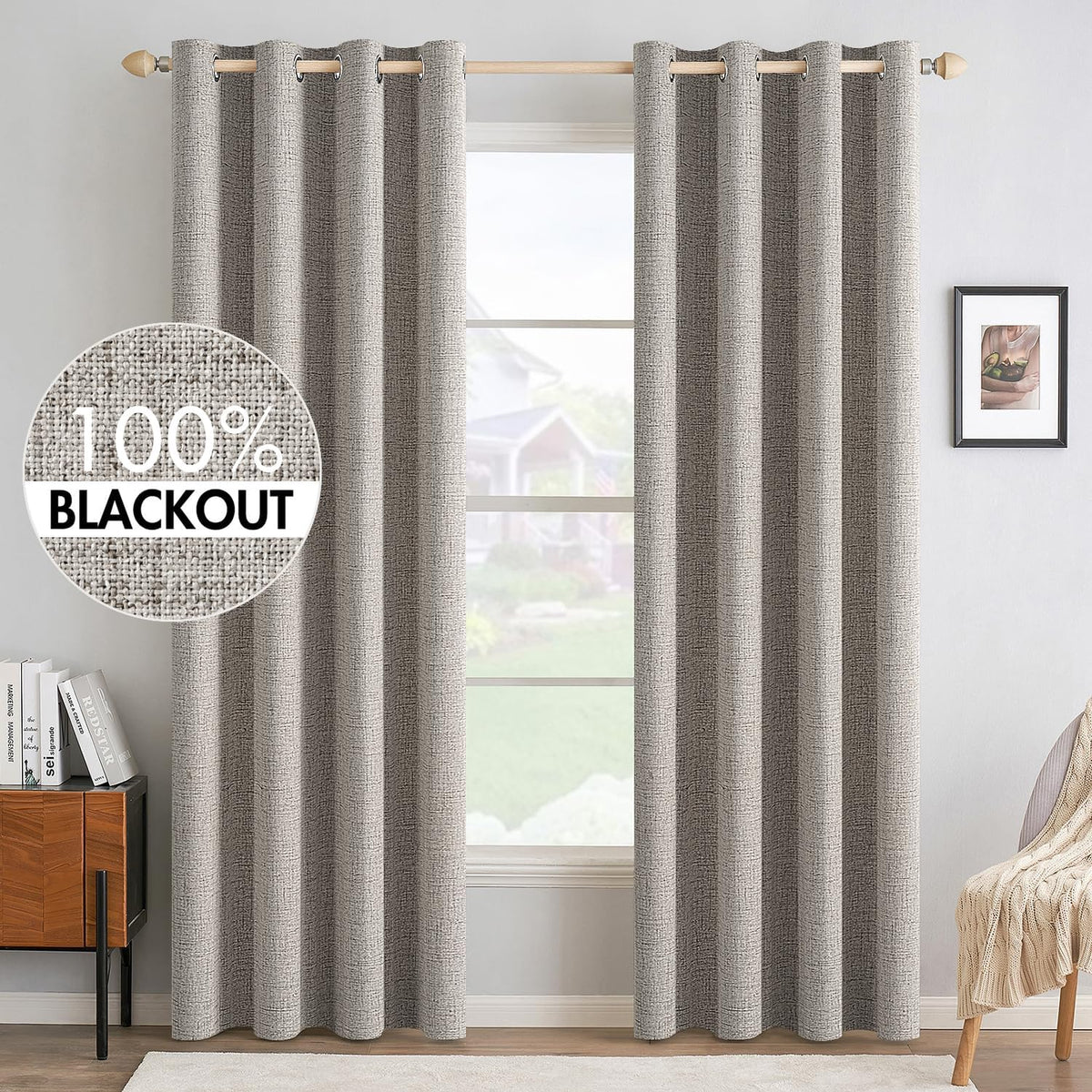 Cortinas Blackout MIULEE 100% de Lino Texturizado | Térmicas y Aislantes en Taupe Cálido con Ojales | Oscurecen la Habitación | 52x84 pulgadas | 2 Paneles