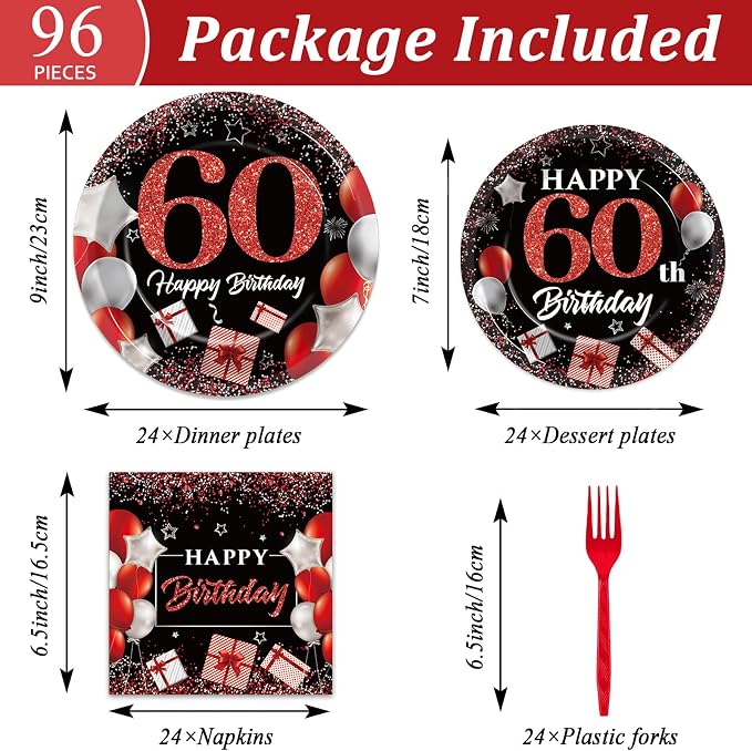 gisgfim 96 Piezas Platos y Servilletas de Cumpleaños 60 Años Suministros para Fiesta Cumpleaños 60 Años Conjunto de Vajilla para Fiesta Platos de Cena y Postre Rojo Negro Decoraciones de Cumpleaños 60