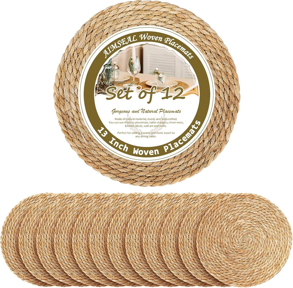Juego de 12 manteles individuales de 33 cm (13 pulgadas), manteles individuales redondos de ratán estilo bohemio para la decoración de la mesa del comedor, bajoplatos rústicos tejidos para platos llanos, patio exterior, boda campestre, mantel individual