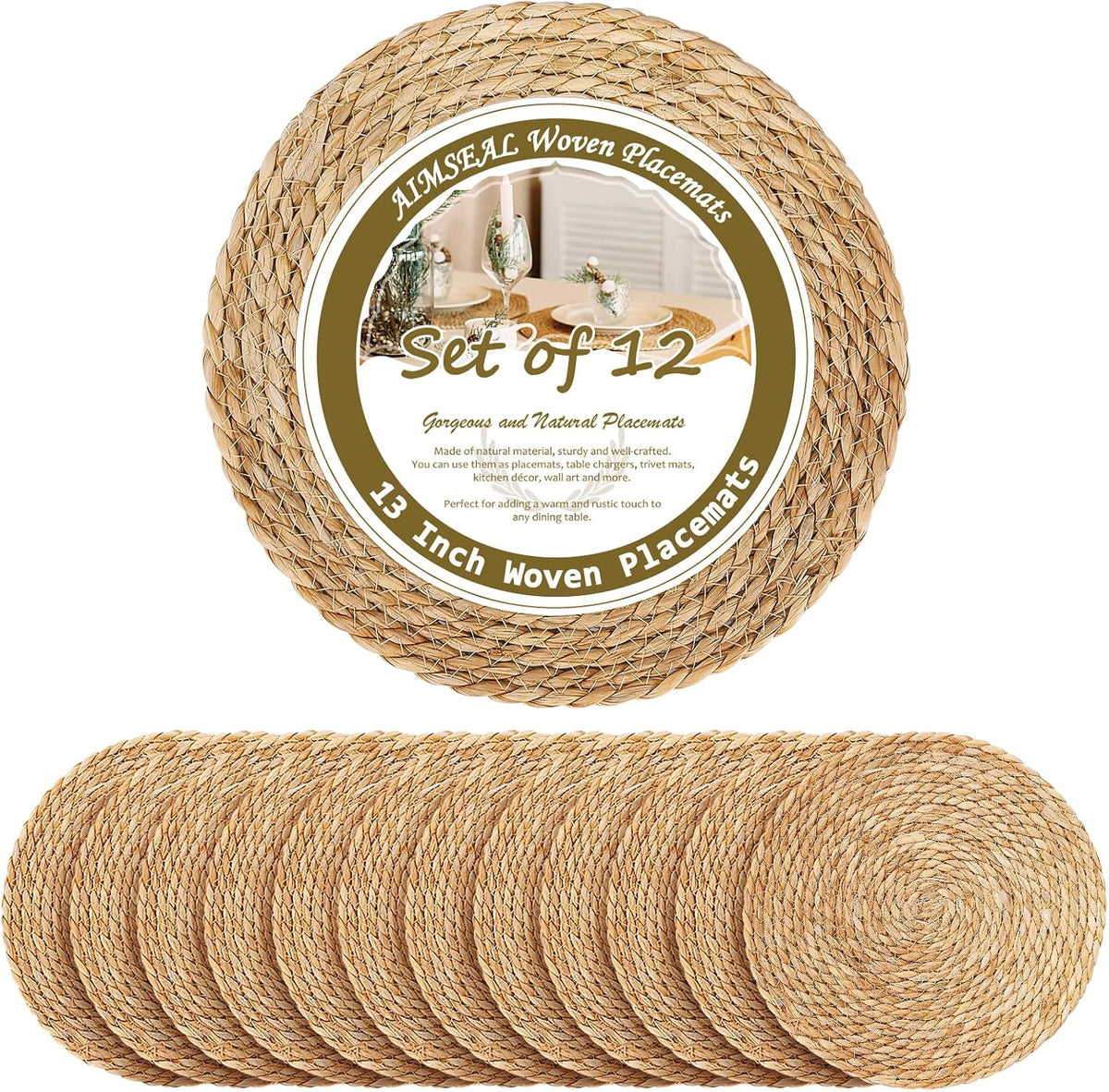 Juego de 12 manteles individuales de 33 cm (13 pulgadas), manteles individuales redondos de ratán estilo bohemio para la decoración de la mesa del comedor, bajoplatos rústicos tejidos para platos llanos, patio exterior, boda campestre, mantel individual