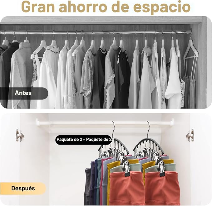 Volnamal Organizador de leggings para armario, perchas de metal para pantalones de yoga, paquete de 2 con 10 clips con capacidad para 20 leggings, organizador de armario colgante que ahorra espacio