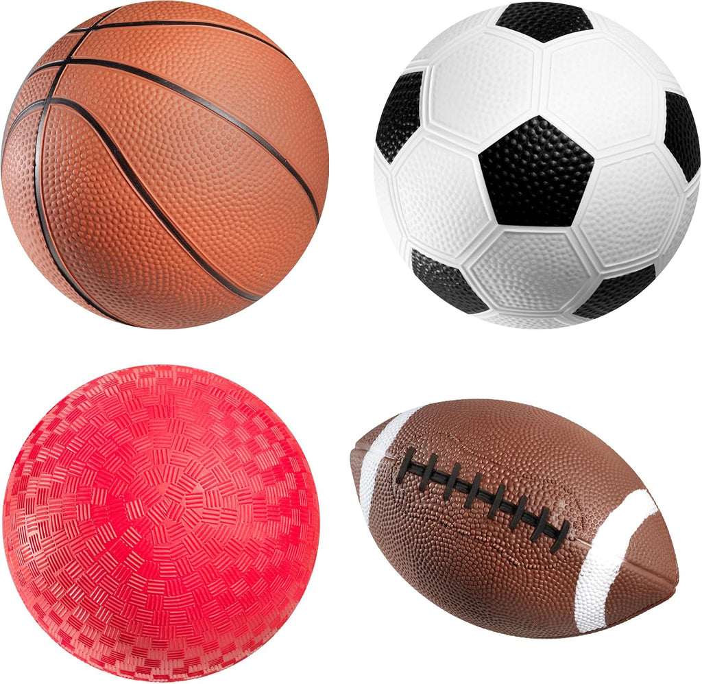 Pelotas deportivas para niños y bebés (paquete de 4): Set deportivo de 12, 7 cm que incluye balón de fútbol americano, balón de fútbol pequeño, balón de baloncesto y pelotas para juegos infantiles (bomba de aire manual incluida)