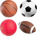 Pelotas deportivas para niños y bebés (paquete de 4): Set deportivo de 12, 7 cm que incluye balón de fútbol americano, balón de fútbol pequeño, balón de baloncesto y pelotas para juegos infantiles (bomba de aire manual incluida)