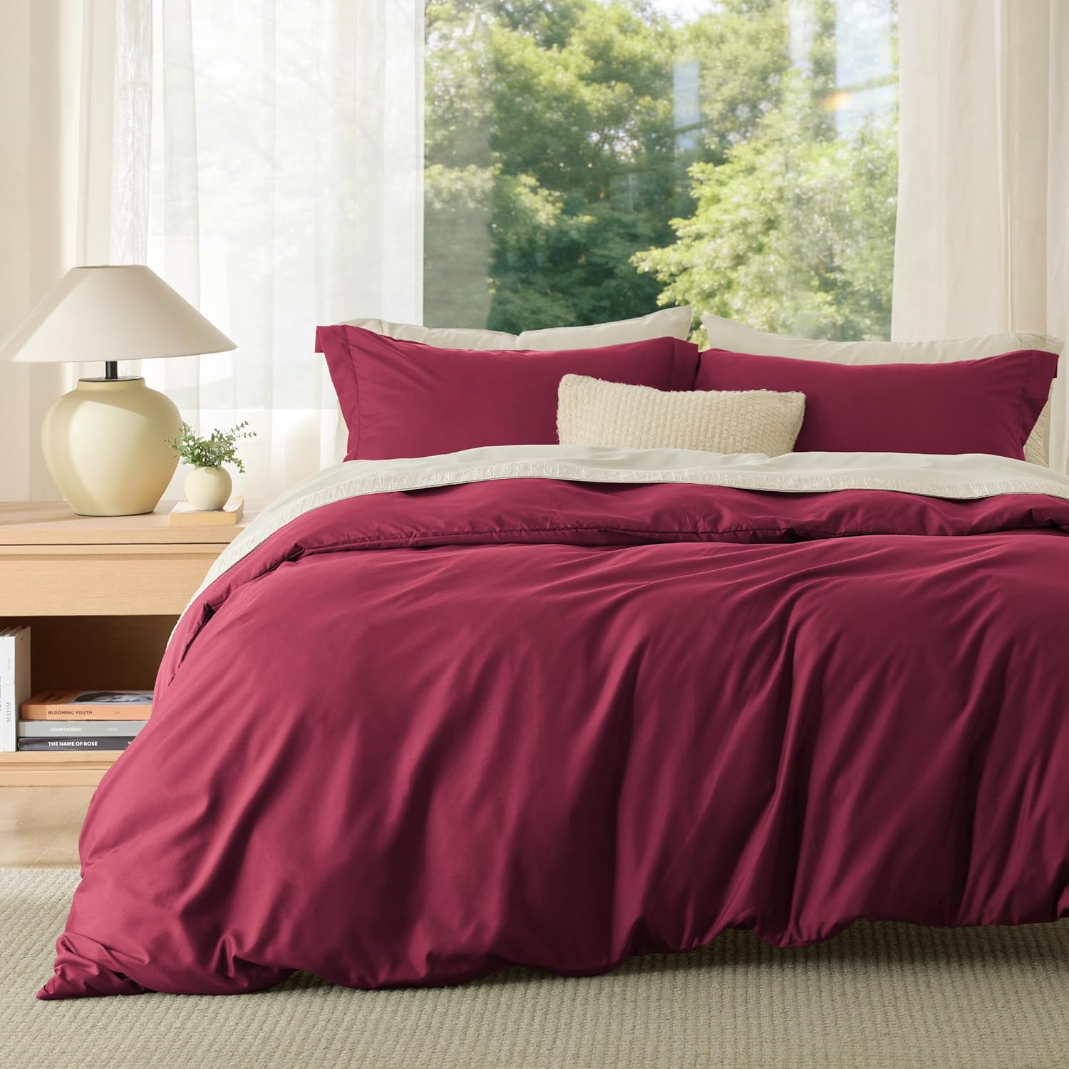 Bedsure Duvet Cover Queen Size - Soft Double Brushed Bedding Set for Kids & Adults, Zipper Closure, 3 Pieces, Includes 1 Duvet Cover (90"x90") & 2 Pillow Shams, NO Comforter, Burgundy