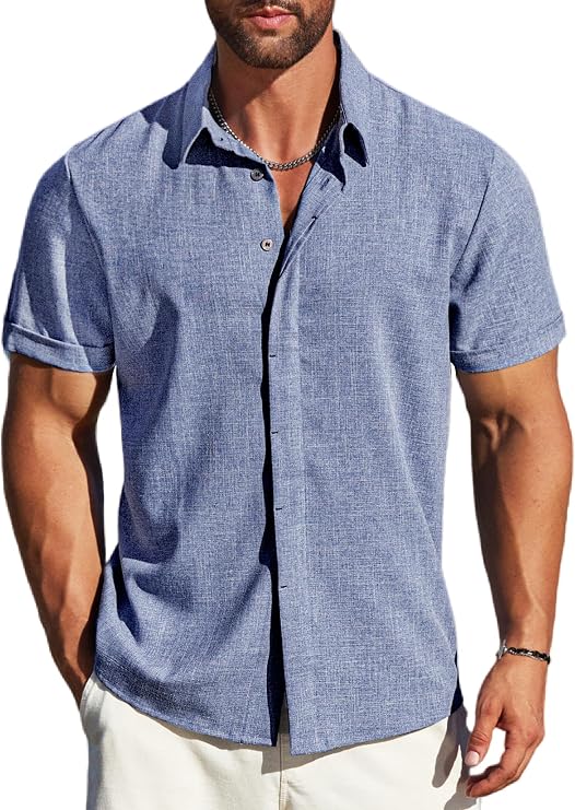 Talla XXL - Botones Negro - Camisas de lino para hombre de manga corta con botones, camisa casual de vestir de negocios, ropa de playa, moda de verano, blusas