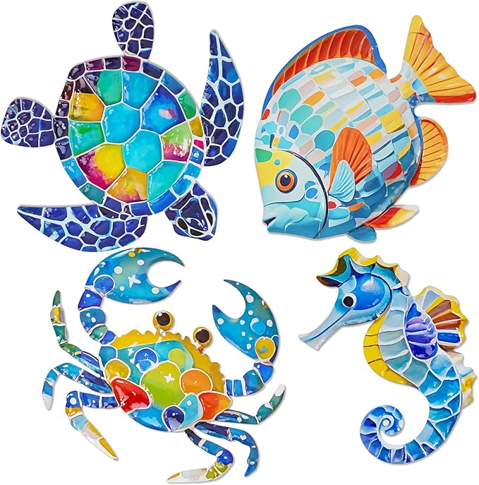 FaloStwer Arte de metal para decoración de pared de playa, colorido 3D, tortugas marinas, peces, cangrejo, caballito de mar, esculturas al aire libre, impresión UV, arte de pared con temática oceánica
