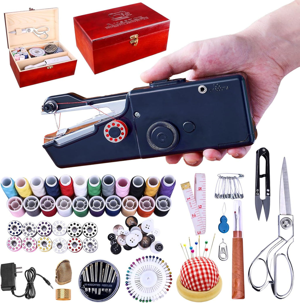 Máquina de coser portátil, con caja de costura de madera roja y kit de costura de 143 piezas, mini máquina de coser portátil para adultos y principiantes, con adaptador de corriente y tijeras resistentes.