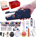 Máquina de coser portátil, con caja de costura de madera roja y kit de costura de 143 piezas, mini máquina de coser portátil para adultos y principiantes, con adaptador de corriente y tijeras resistentes.