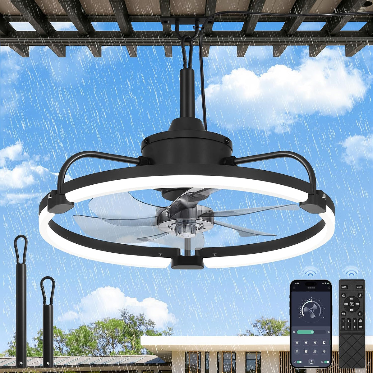 Ventilador de Techo Exterior LEDIARY 20" con Luces | IP65 Impermeable | Con Gancho para Colgar | Enchufable con Control Remoto y App | 3CCT Dimeable | 6 Velocidades