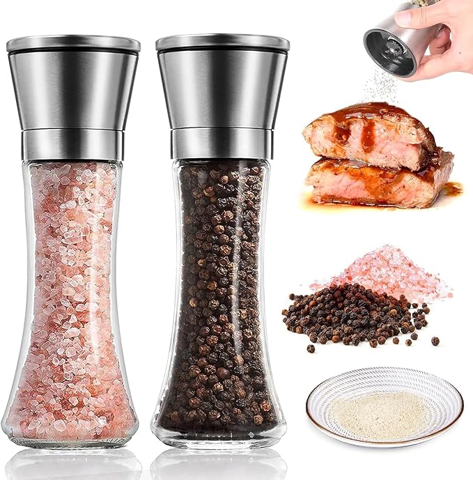 Molinillo de Pimienta O Sal 2Pcs: Multifuncional Moledor de Especias de Acero Inoxidabley Vidrio con Rudeza Ajustable para Pimienta, Especias o Sal Marino (6 oz/180 ml) ﻿