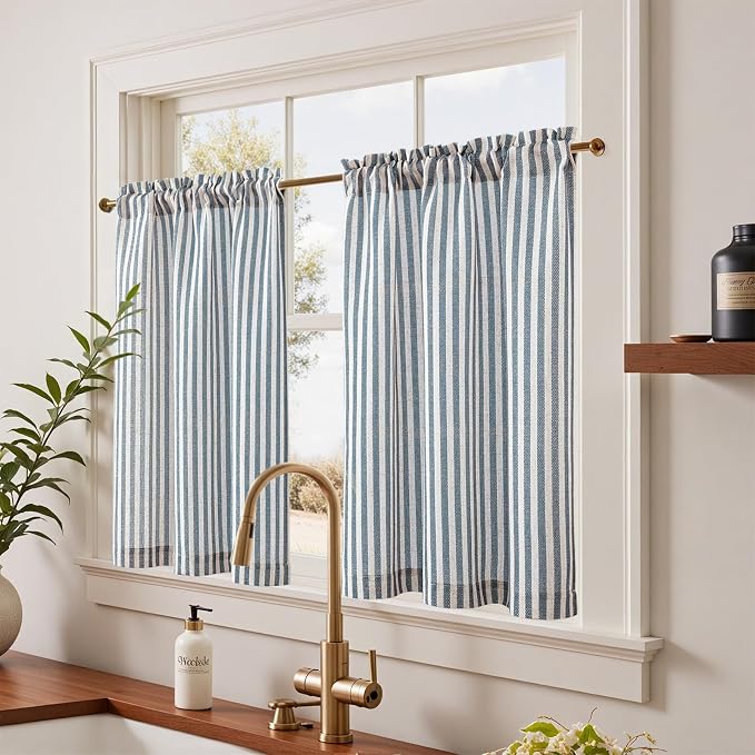 jinchan Cortinas de Cocina de Lino a Rayas de 36 Pulgadas de Largo Cortinas de Nivel Estilo Casa de Campo Moderno Estilo Café