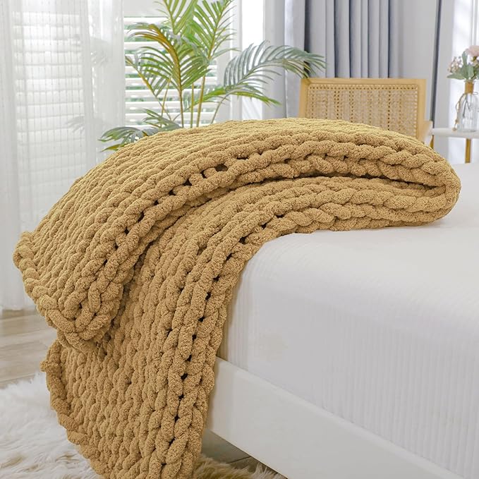 Manta de Punto Grueso Bigacogo 40"x40" Beige | Chenilla Tejida a Mano | Sofá y Decoración