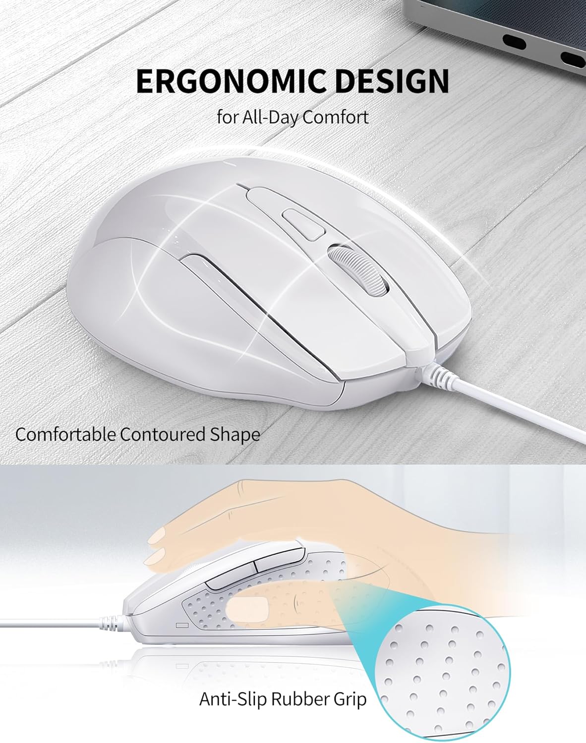 TECKNET Ratón USB con cable, ratón con cable de 6 botones con 4 DPI ajustables, ratón óptico para computadora con diseño ergonómico y cable de 5 pies para laptop, Chromebook, PC, escritorio, Mac