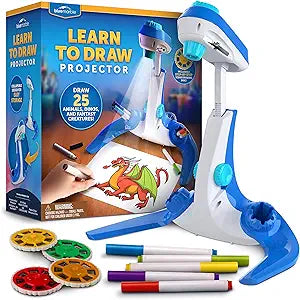 Proyector para Aprender a Dibujar Blue Marble — 9 Marcadores, 4 Discos con 25 Animales y Dinosaurios