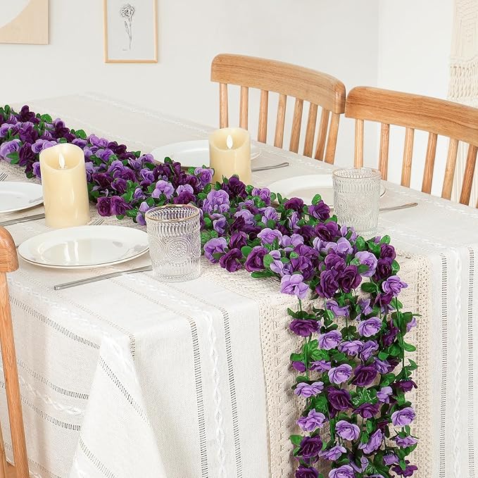 KHOYIME Paquete de 9 guirnaldas de flores artificiales de 21.9 metros, vides de rosas moradas falsas, flores de seda, hiedra floral colgante de plástico sintético para exteriores, guirnalda