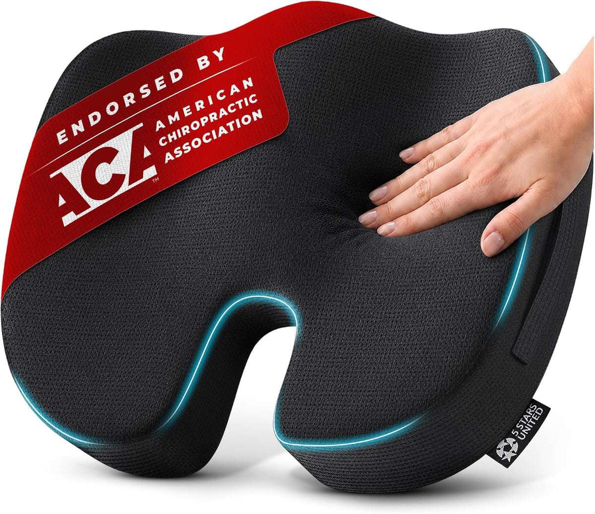 Cojín de asiento 5 STARS UNITED - Cojín de silla de espuma viscoelástica para aliviar el dolor de coxis - Soporte ergonómico para coxis, ciática y glúteos - Para oficina, escritorio, silla de juegos, asiento de coche, silla de ruedas, avión, color negro