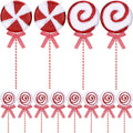 Wettarn 12 Pieces Christmas Candy Tree Picks with Ribbon Christmas Decorations 5.9" & 14.5" Glitter Lollipop Candy Canes Ornaments for Xmas Tree Topper Home Vase Party Ornaments(Red)