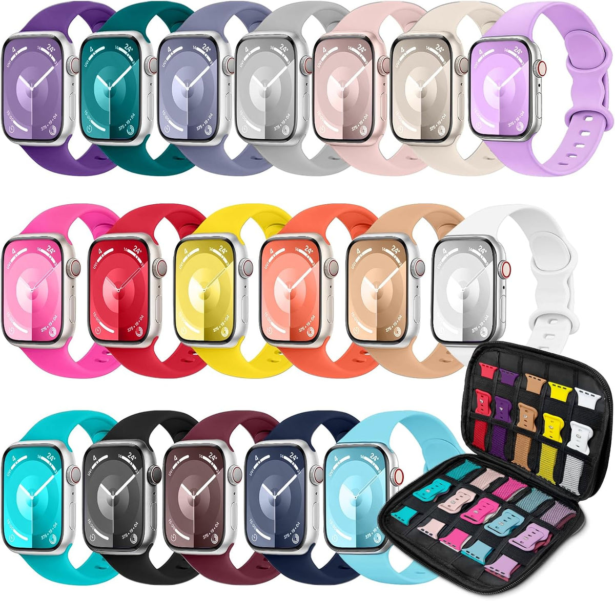 Paquete de 18 correas deportivas compatibles con Apple Watch de 40 mm, 41 mm, 38 mm, 42 mm, 44 mm, 45 mm, 46 mm y 49 mm para hombres y mujeres. Correa de silicona para iWatch con organizador para iWatch SE Series 10/9 8 7 6 5 4 3 2 Ultra.