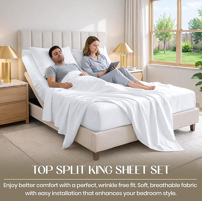 Sábanas Split Head King – Para Camas Ajustables, Bolsillo Profundo, Transpirables, Blanco