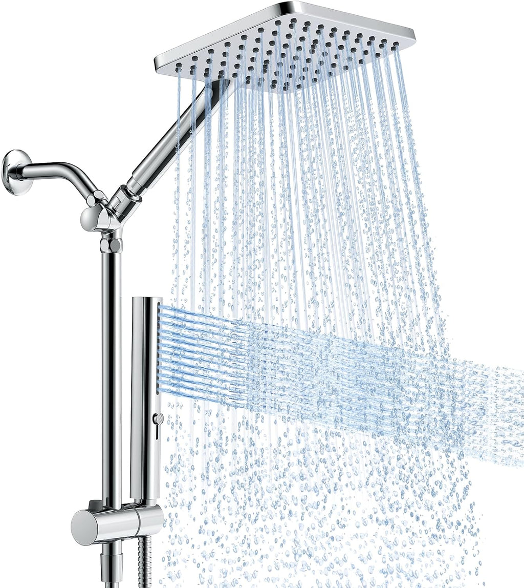 Hombeter Cabezal de ducha de lluvia de alta presión con ducha de mano, cabezal de ducha cuadrado de 10 pulgadas, barra deslizante ajustable, sistema de ducha doble, 3 modos de rociado, manguera de acero inoxidable de 59 pulgadas, cromado.